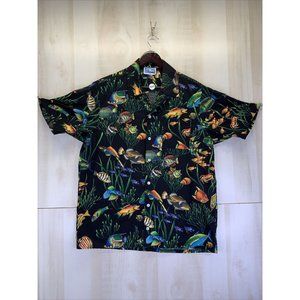 Vintage 1990s 9th Wave Cotton Tropical Fish Mens Button Front Shirt USA Made Lrg